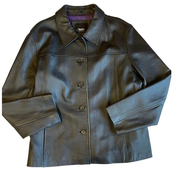 VTG Mossimo Genuine Leather Black Button Up Collared 90s Style Jacket XL Goth - Picture 1 of 12